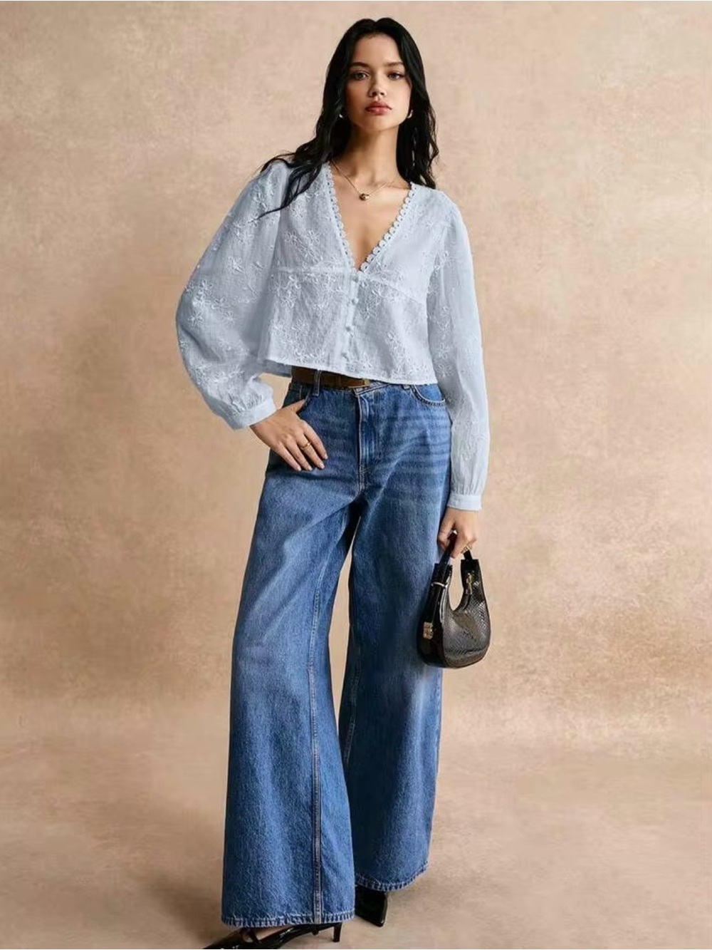 SHEIN Light Blue Floral Lace V-Neck Blouse